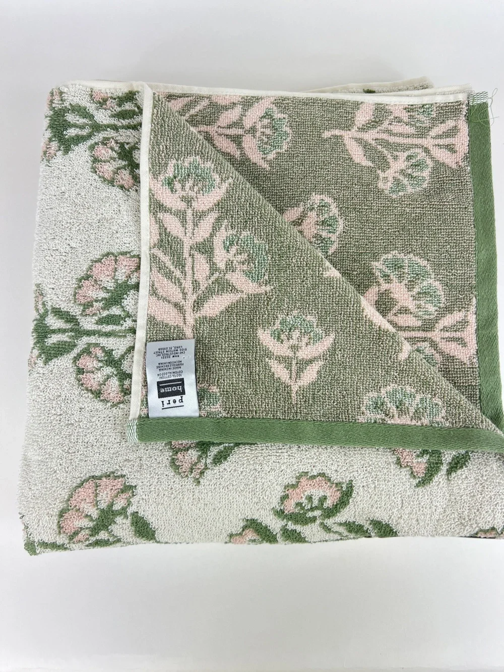 Peri Home Bath Towel Set Green Pink Off White Floral Design 100% Cotton 8 Pc NEW